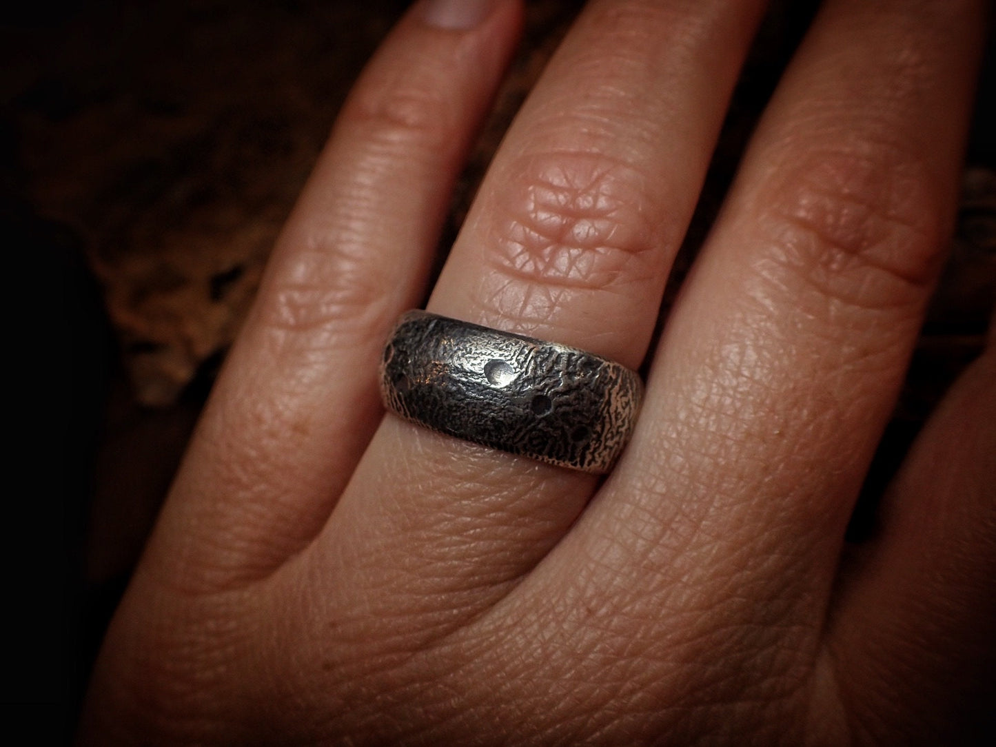 Moon Textured Sterling Silver Unique Rustic Rugged Ring / Band US Size 7