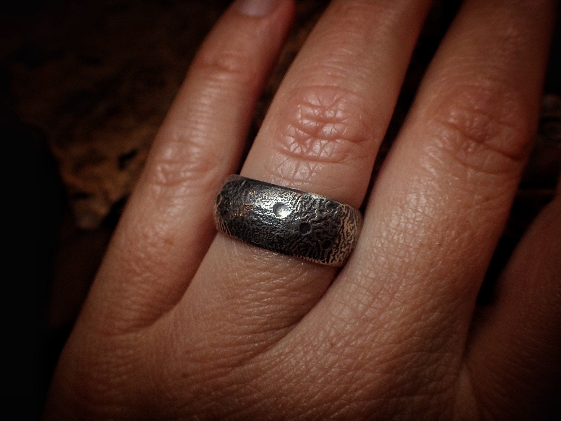 Moon Textured Sterling Silver Unique Rustic Rugged Ring / Band US Size 7