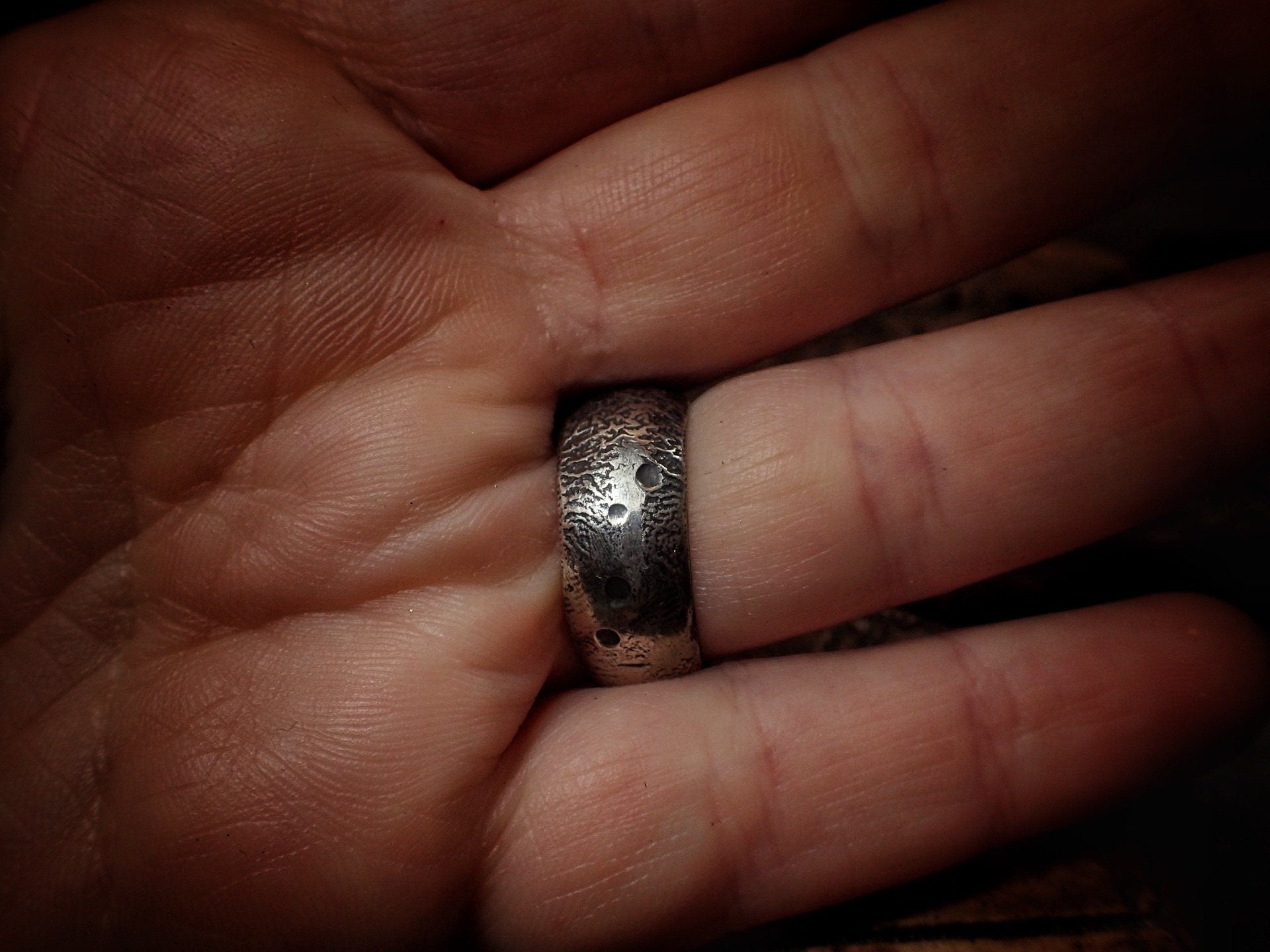 Moon Textured Sterling Silver Unique Rustic Rugged Ring / Band US Size 7