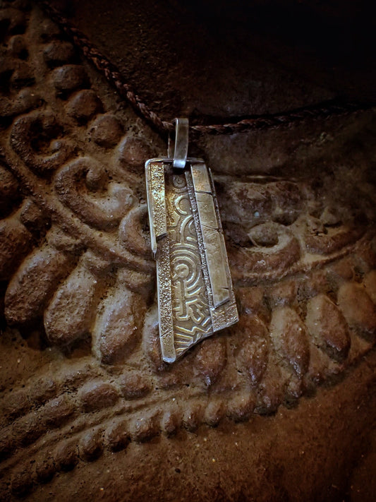 Galactic Portal Amulet / Alien Dog Tag ~ Textured Silver Pendant on Hand Woven Nacklace 1/4
