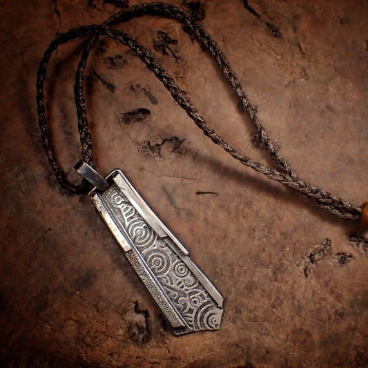 Galactic Portal Amulet / Alien Dog Tag ~ Textured Silver Pendant on Hand Woven Nacklace 3/4