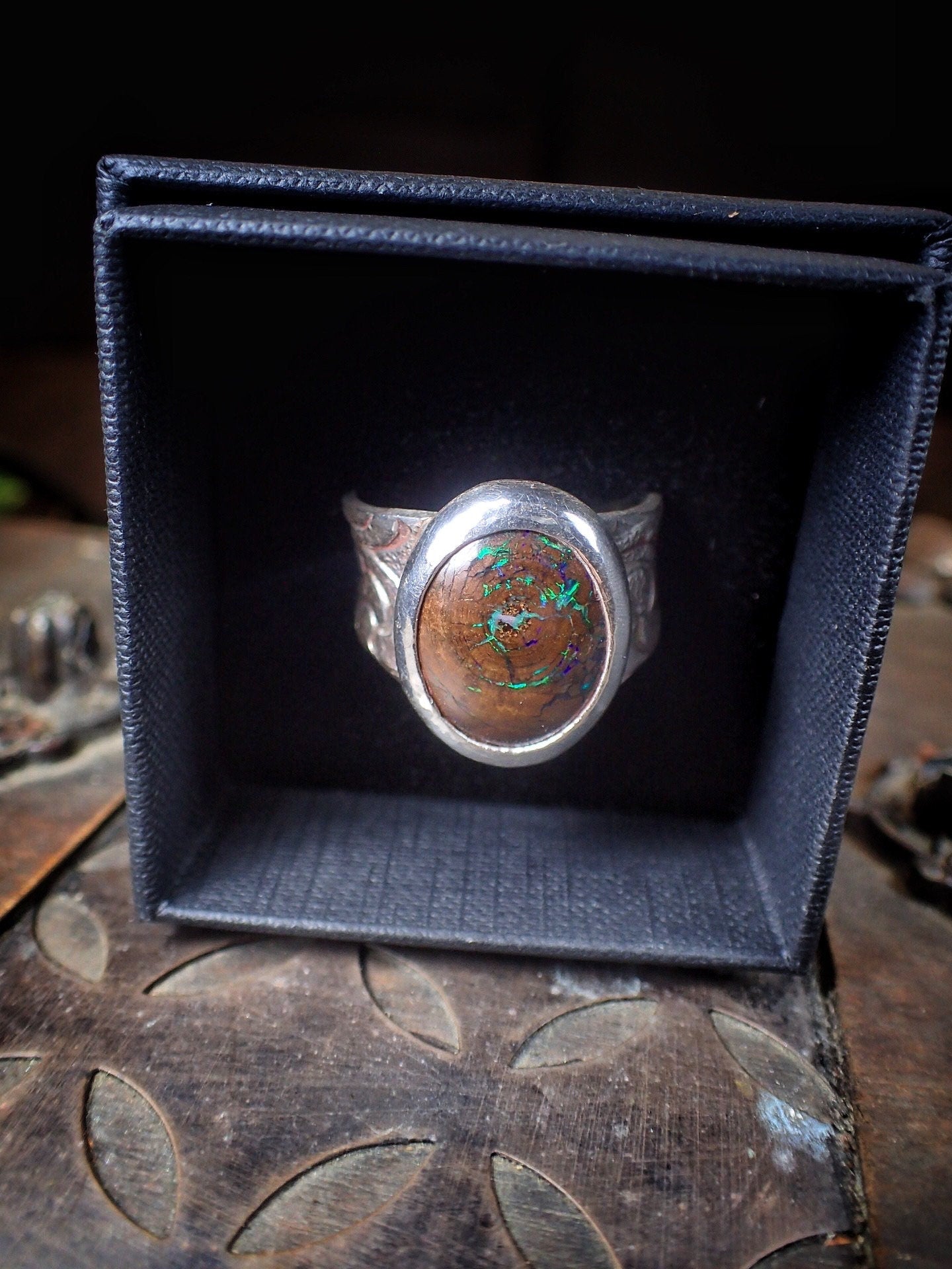 Pirarey Boulder Opal in Textured Silver Ring ~ Band US Size 9
