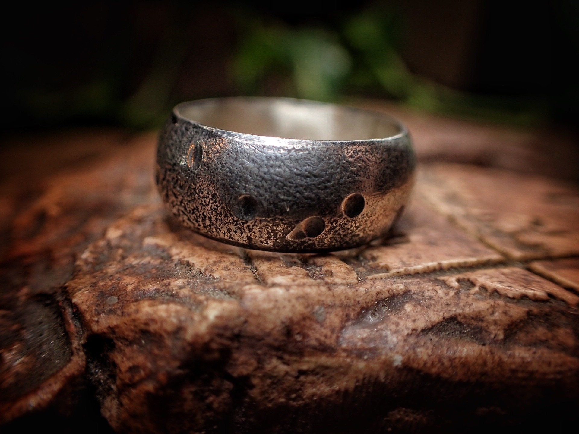 Moon Textured Sterling Silver Unique Rustic Rugged Ring / Band US Size 7