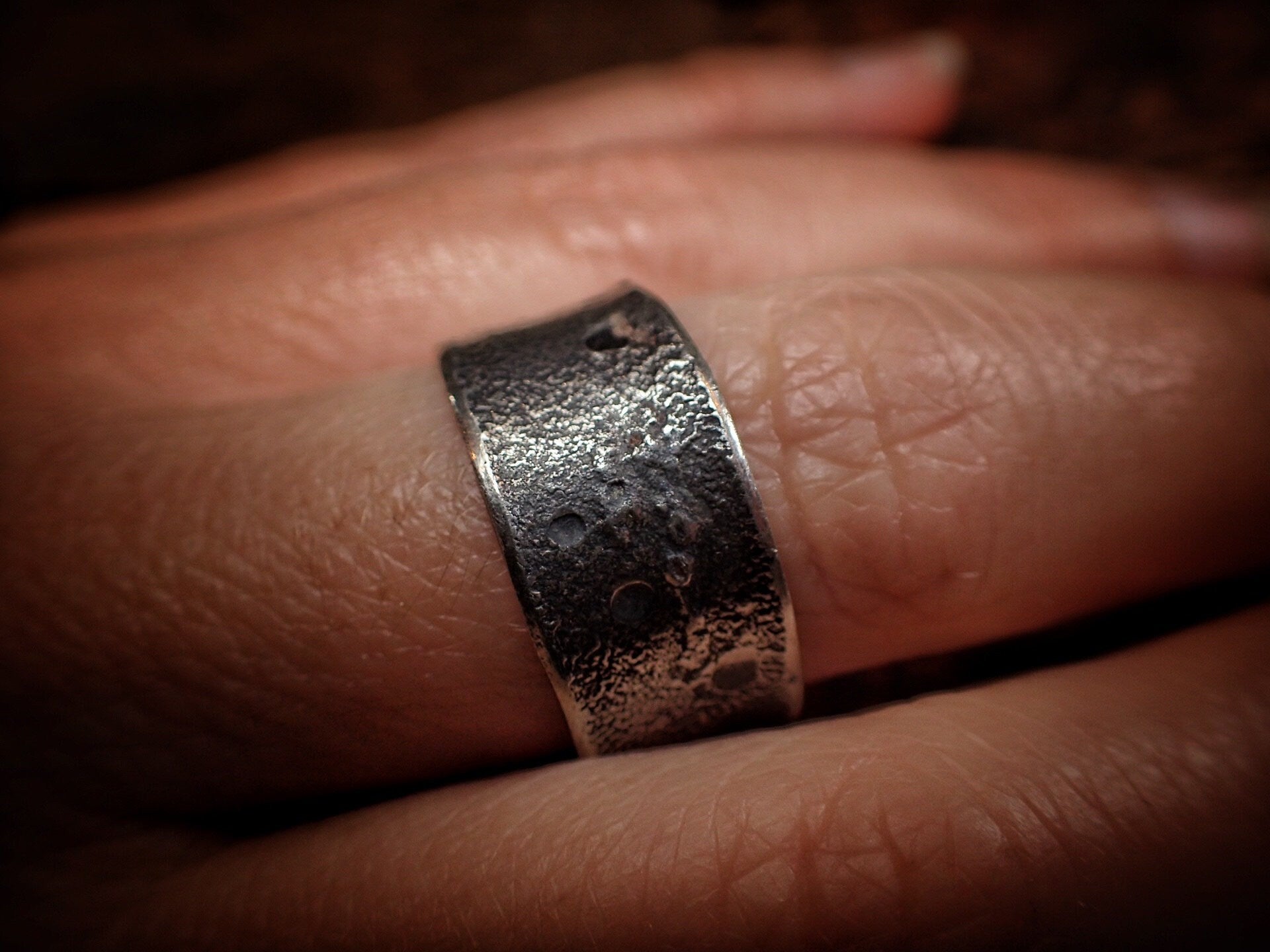 Moon Textured Sterling Silver Unique Rustic Rugged Ring / Band US Size 10