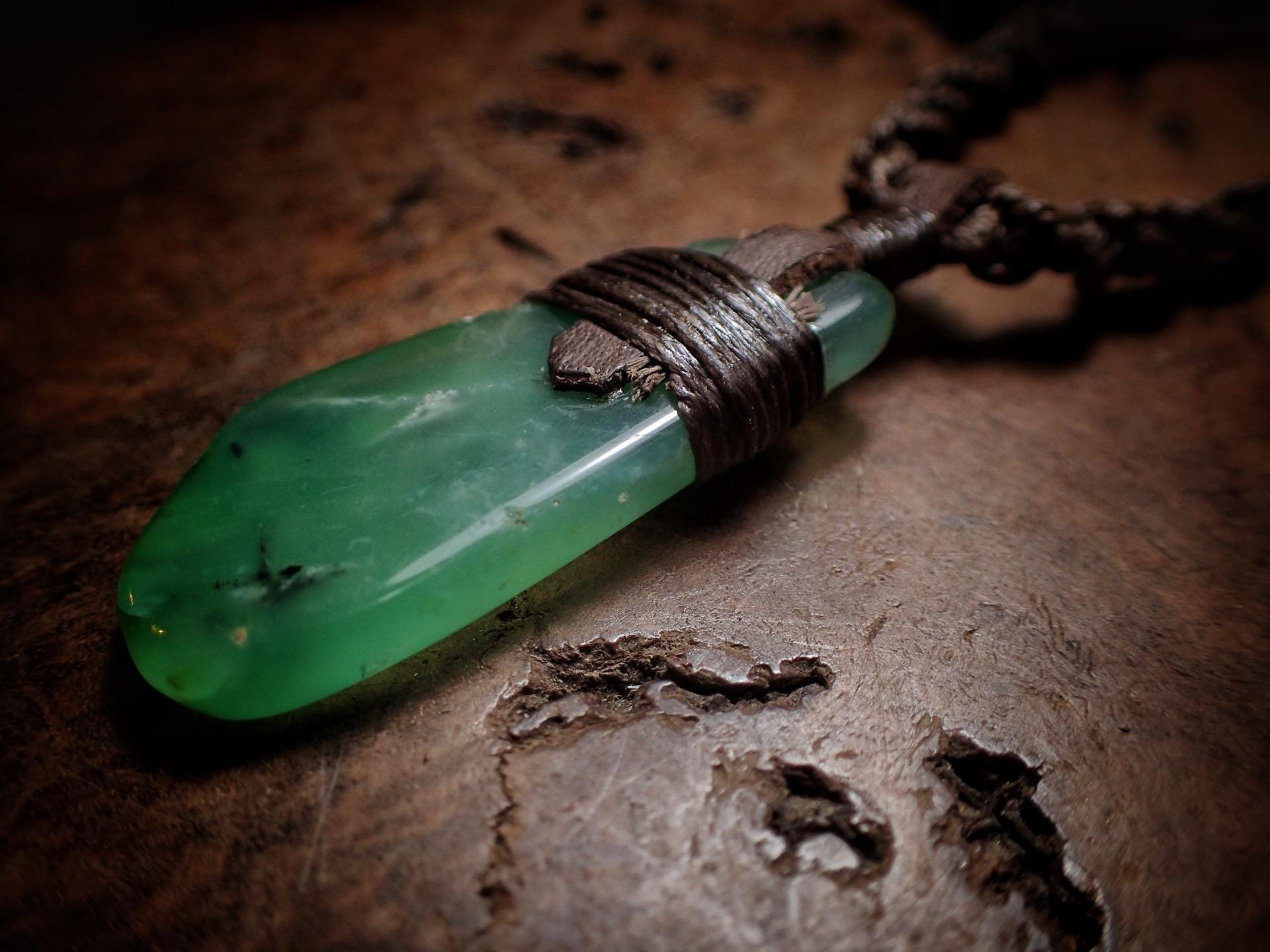 Chrysoprase Pendant on Adjustable Tribal Hand Woven Macrame Spiral Necklace