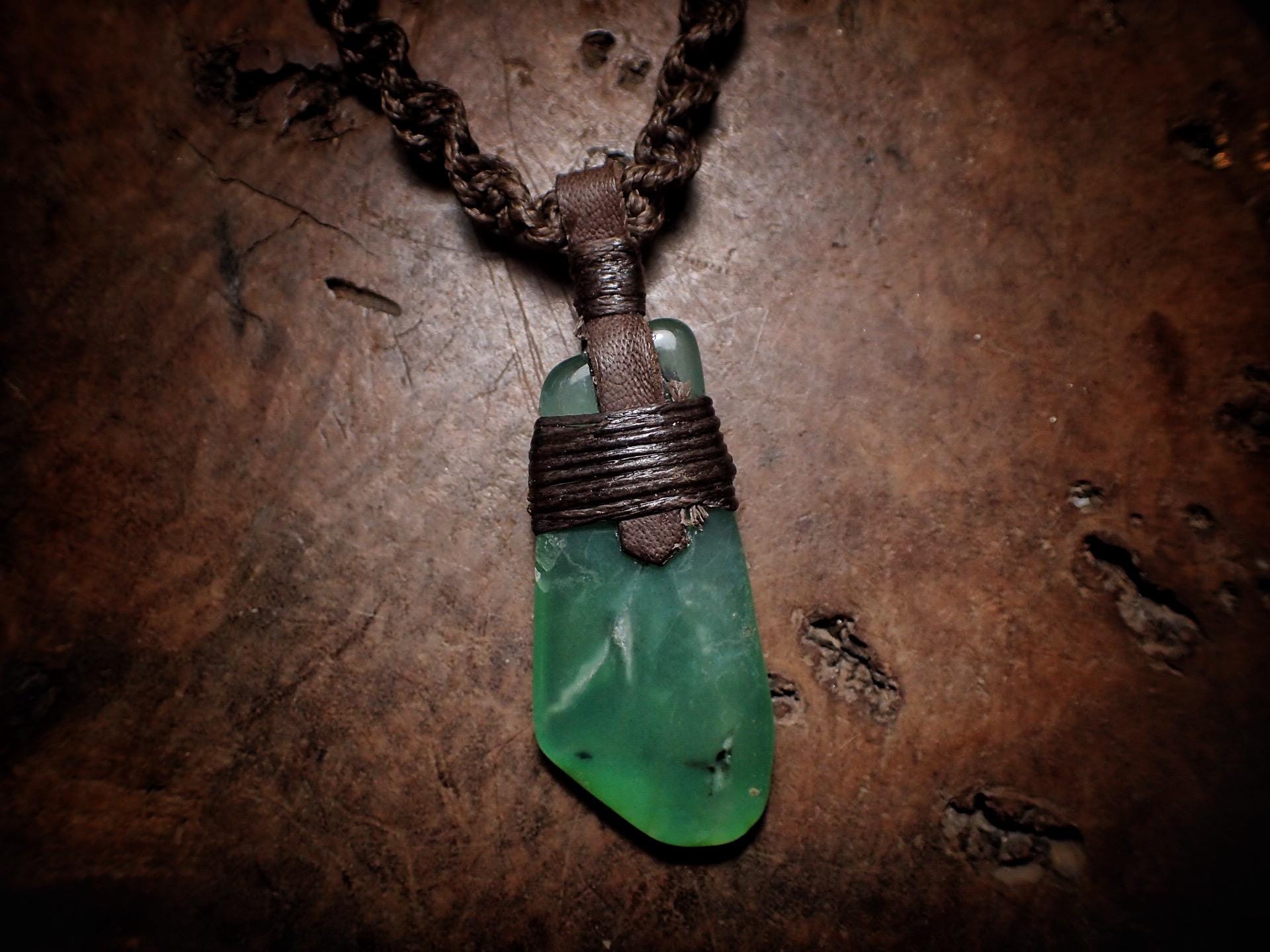 Chrysoprase Pendant on Adjustable Tribal Hand Woven Macrame Spiral Necklace