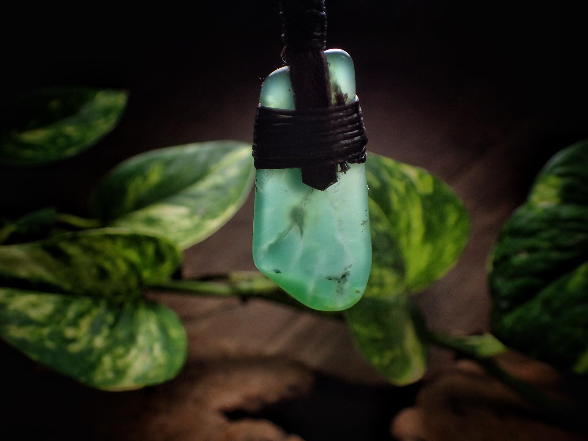 Chrysoprase Pendant on Adjustable Tribal Hand Woven Macrame Spiral Necklace
