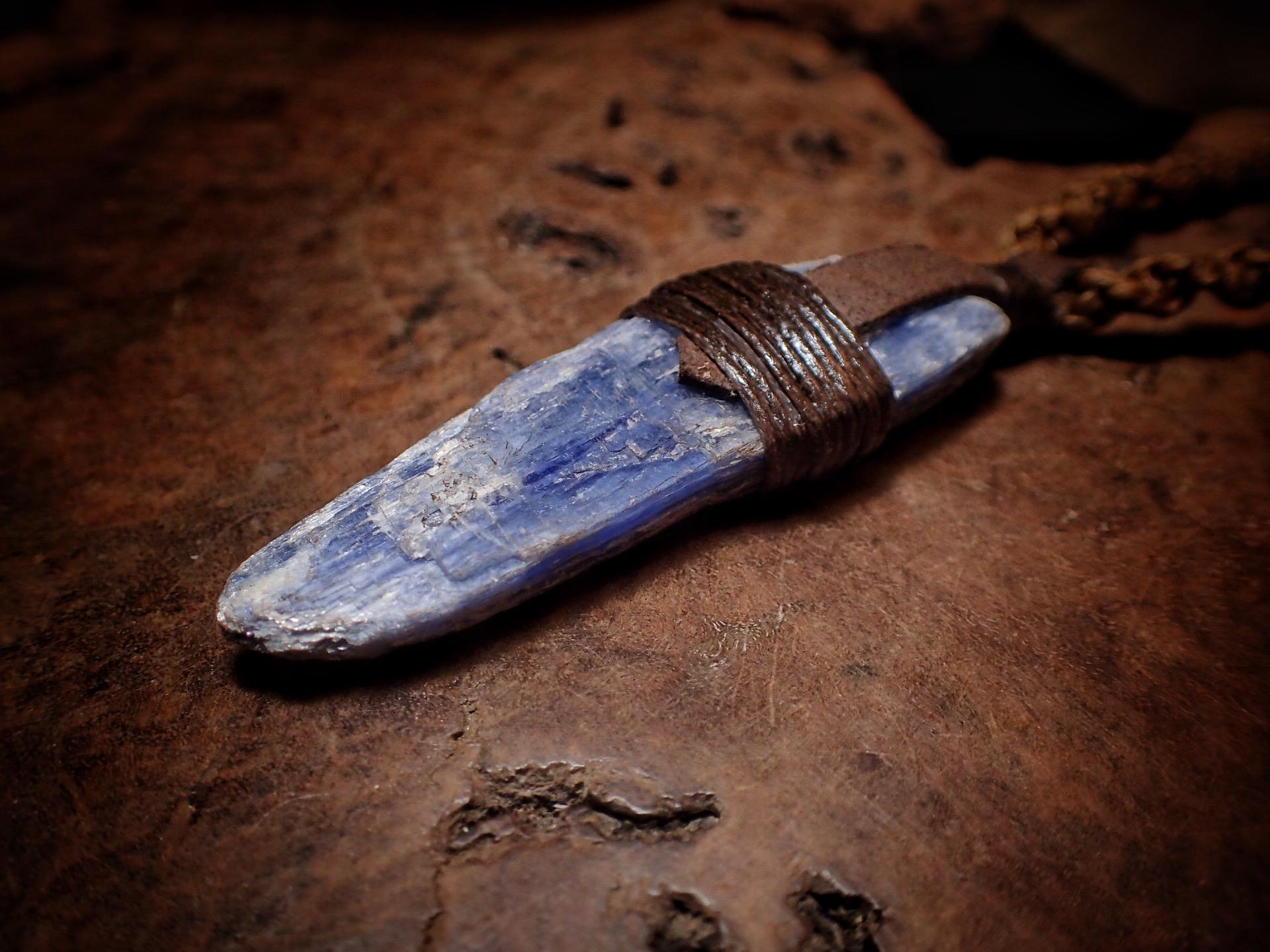 Blue Kyanite Crystal Pendant on Hand Woven Adjustable Macrame Style Necklace