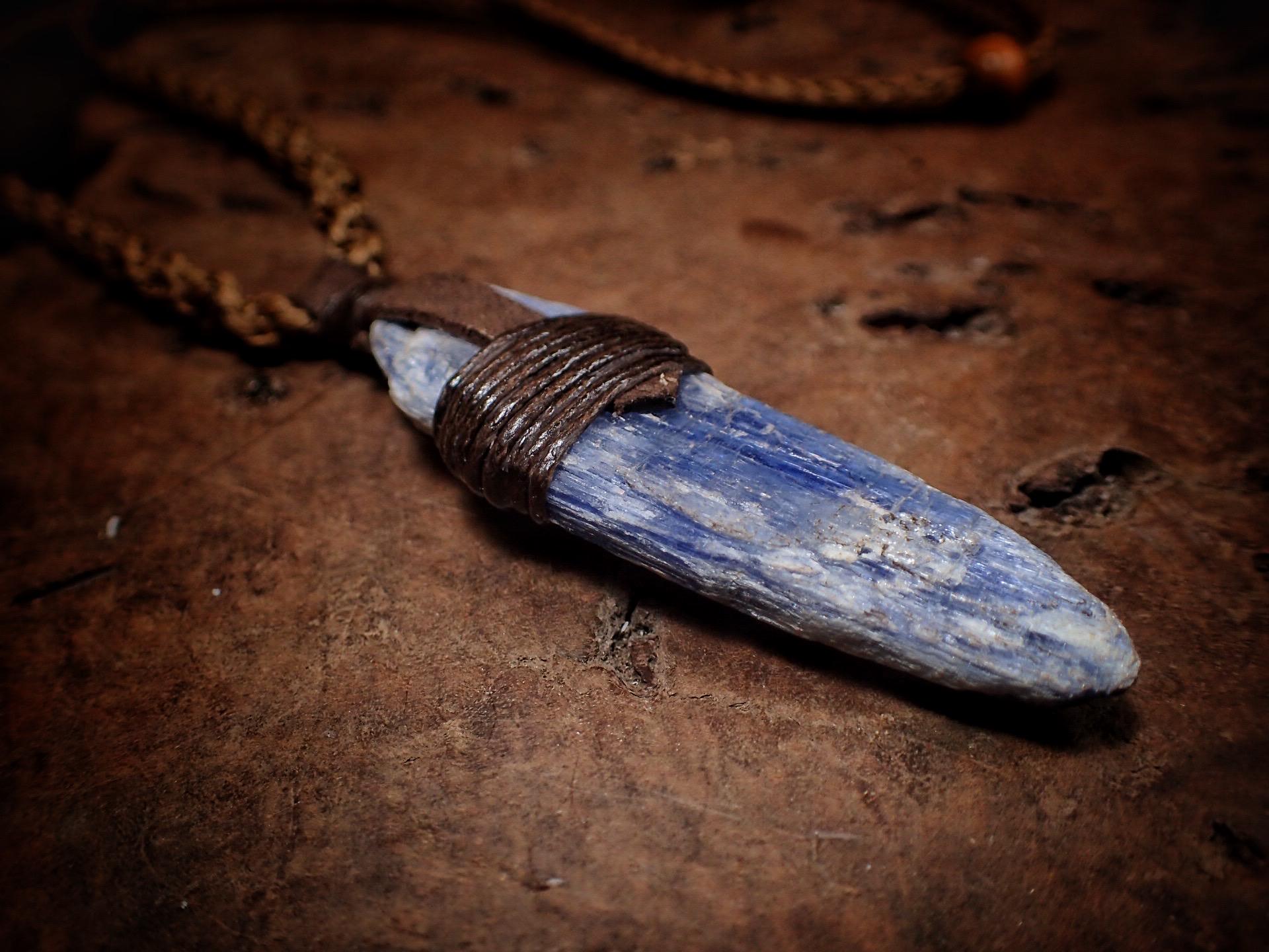 Blue Kyanite Crystal Pendant on Hand Woven Adjustable Macrame Style Necklace