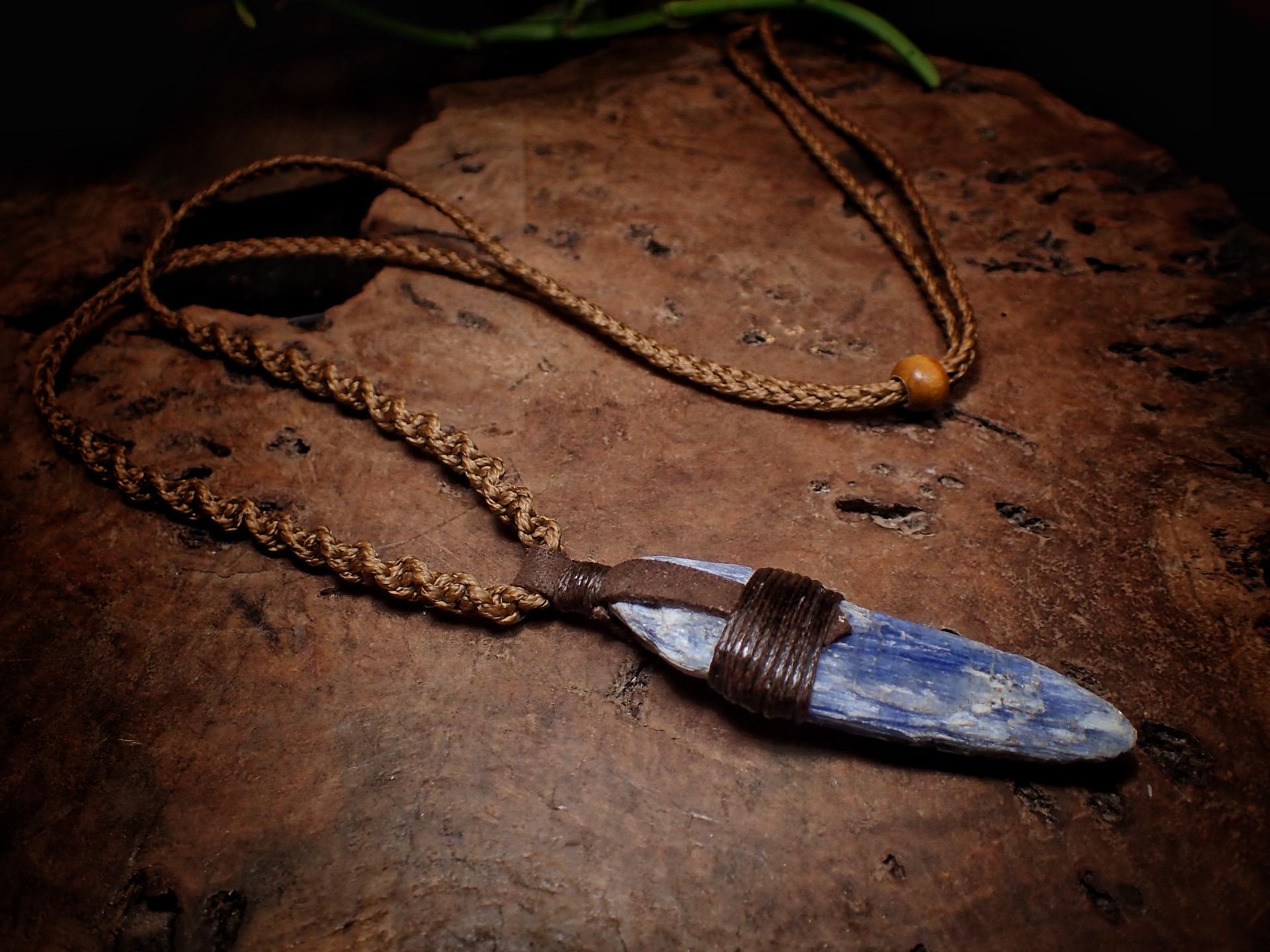Blue Kyanite Crystal Pendant on Hand Woven Adjustable Macrame Style Necklace