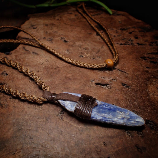 Blue Kyanite Crystal Pendant on Hand Woven Adjustable Macrame Style Necklace