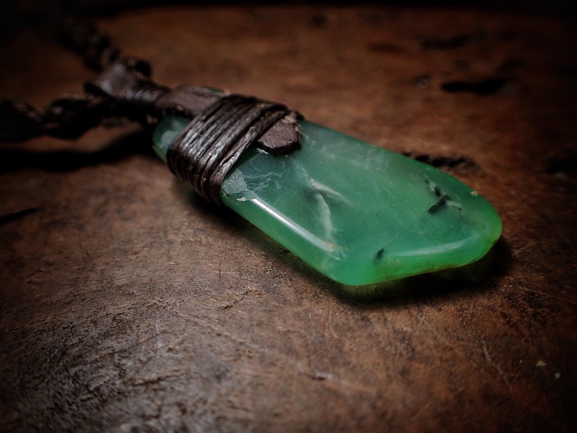 Chrysoprase Pendant on Adjustable Tribal Hand Woven Macrame Spiral Necklace