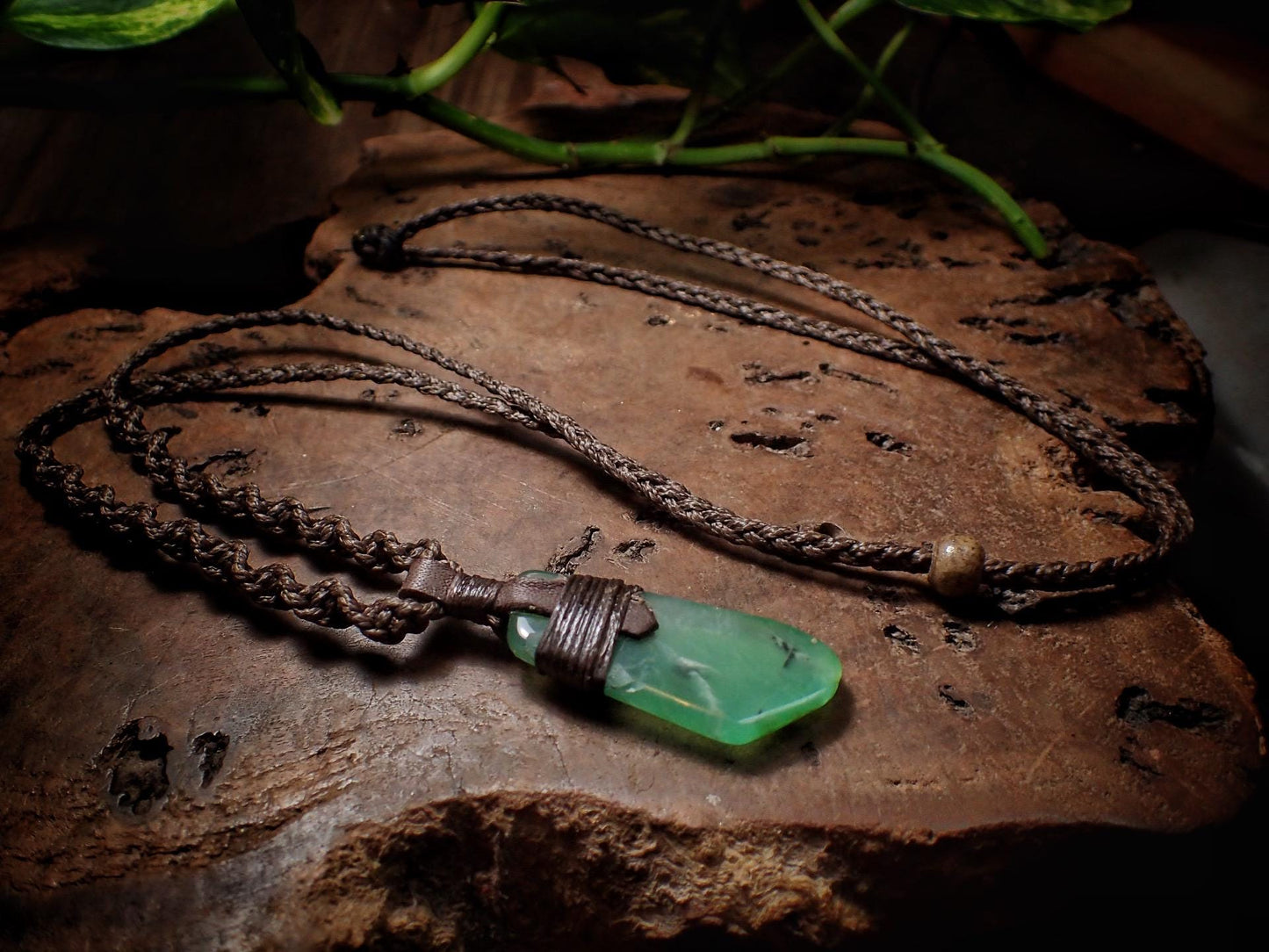 Chrysoprase Pendant on Adjustable Tribal Hand Woven Macrame Spiral Necklace