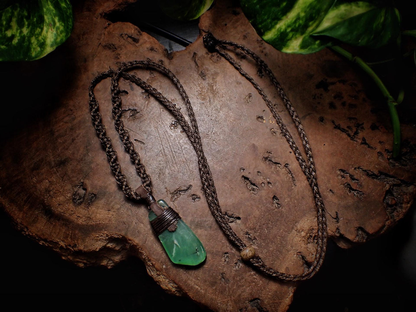 Chrysoprase Pendant on Adjustable Tribal Hand Woven Macrame Spiral Necklace