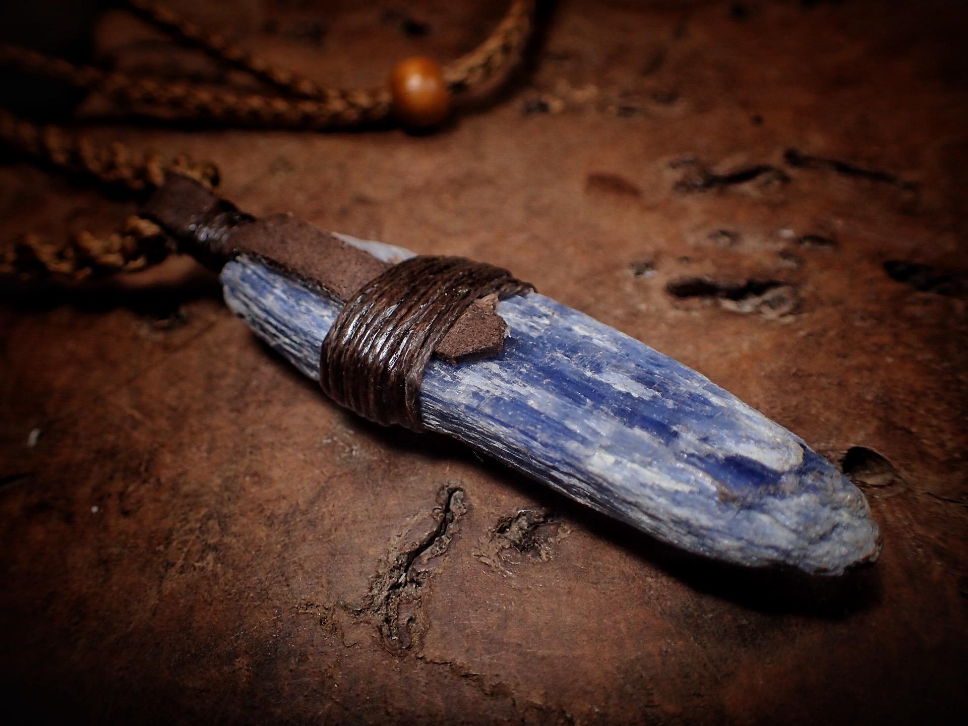 Blue Kyanite Crystal Pendant on Hand Woven Adjustable Macrame Style Necklace