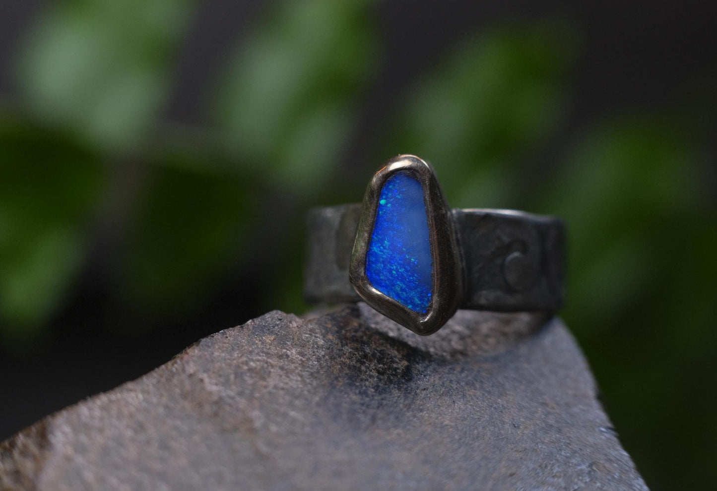 Bold Electric Blue Australian Opal Set in 9 ct Gold on a textured Sterling Silver Ring