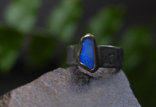 Bold Electric Blue Australian Opal Set in 9 ct Gold on a textured Sterling Silver Ring