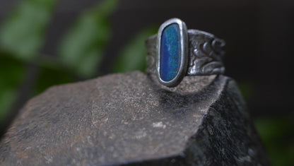 Blue Australian boulder opal ring in pirate-inspired textured sterling silver, size 7