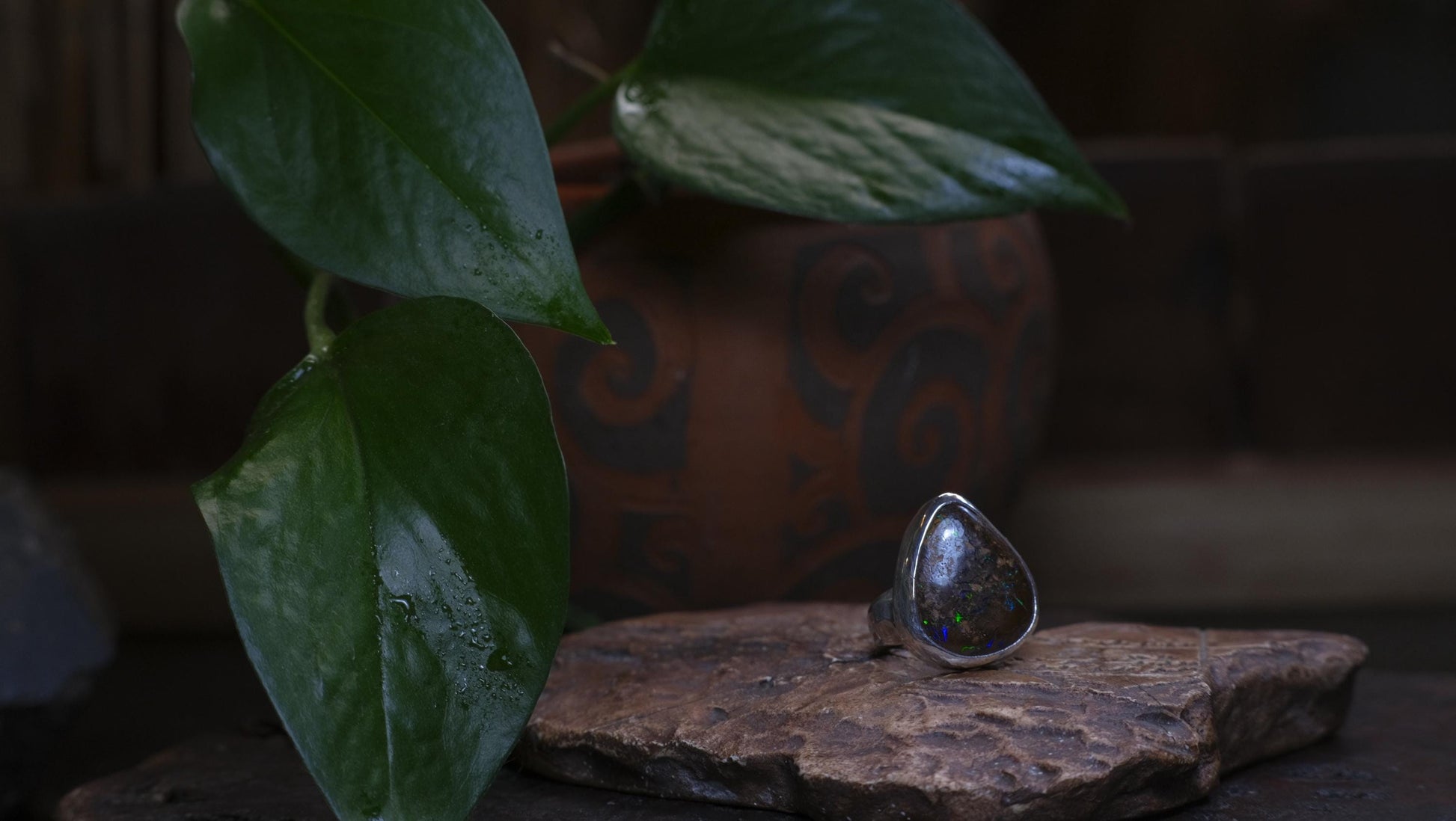 Large Bubble Banded Matrix Australian Opal and Sterling Silver Ring