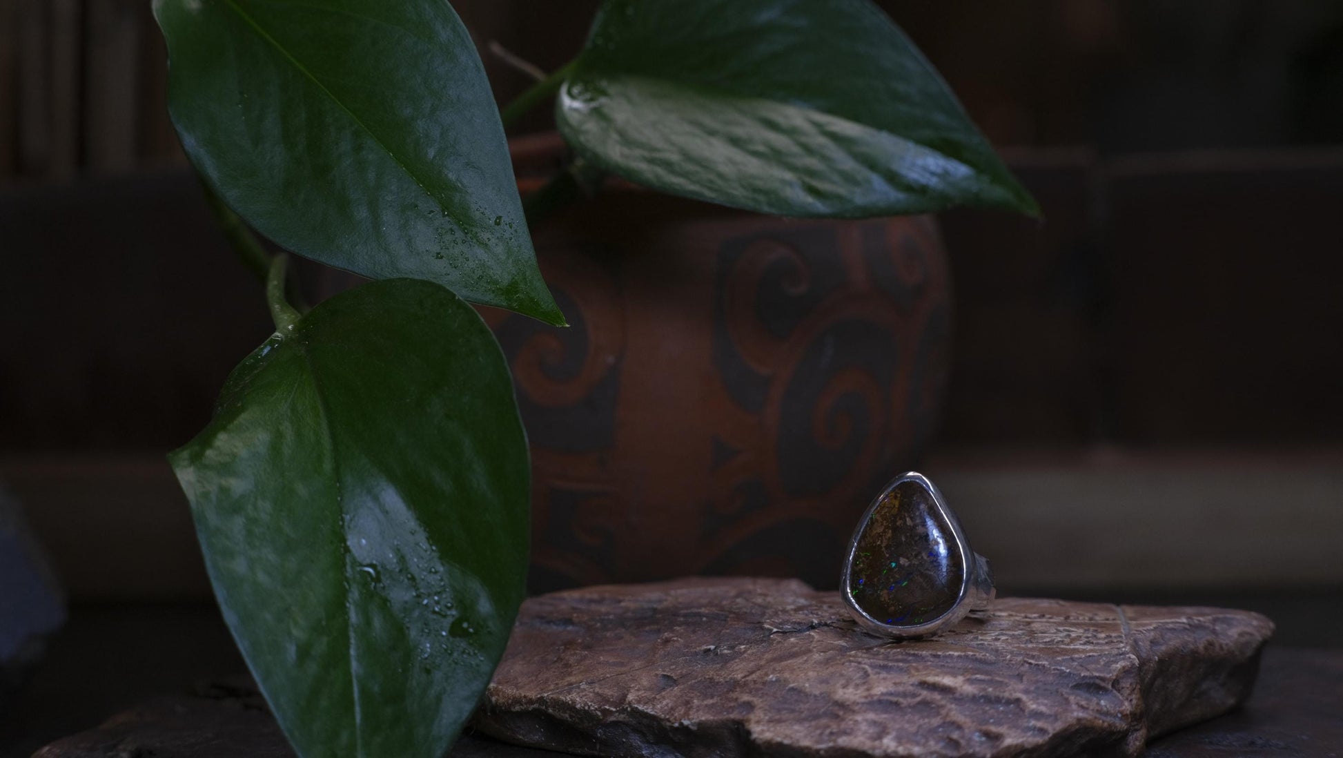 Large Bubble Banded Matrix Australian Opal and Sterling Silver Ring