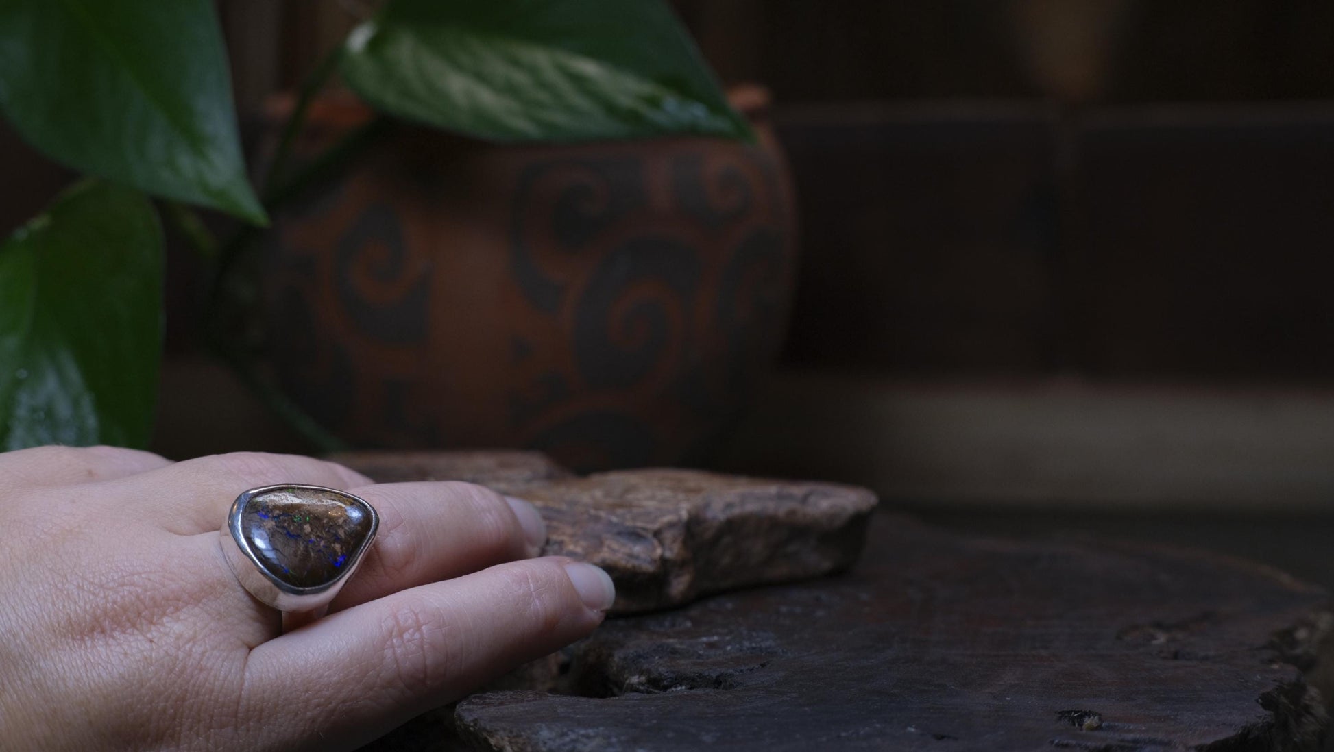 Large Bubble Banded Matrix Australian Opal and Sterling Silver Ring