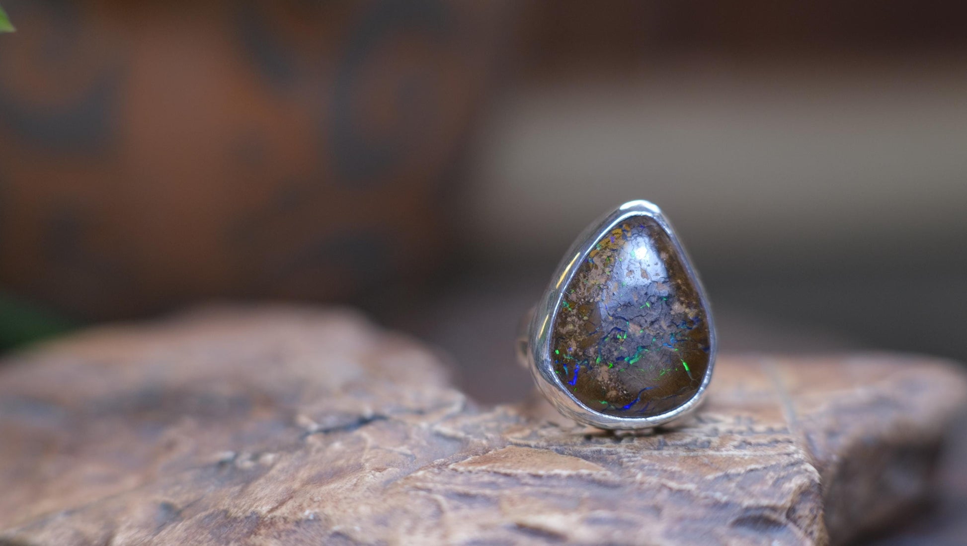 Large Bubble Banded Matrix Australian Opal and Sterling Silver Ring