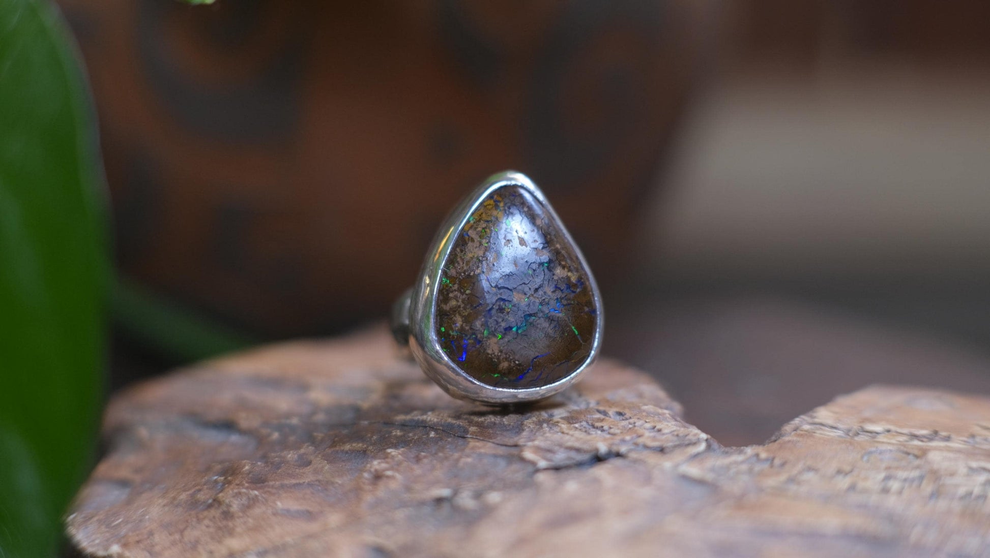 Large Bubble Banded Matrix Australian Opal and Sterling Silver Ring