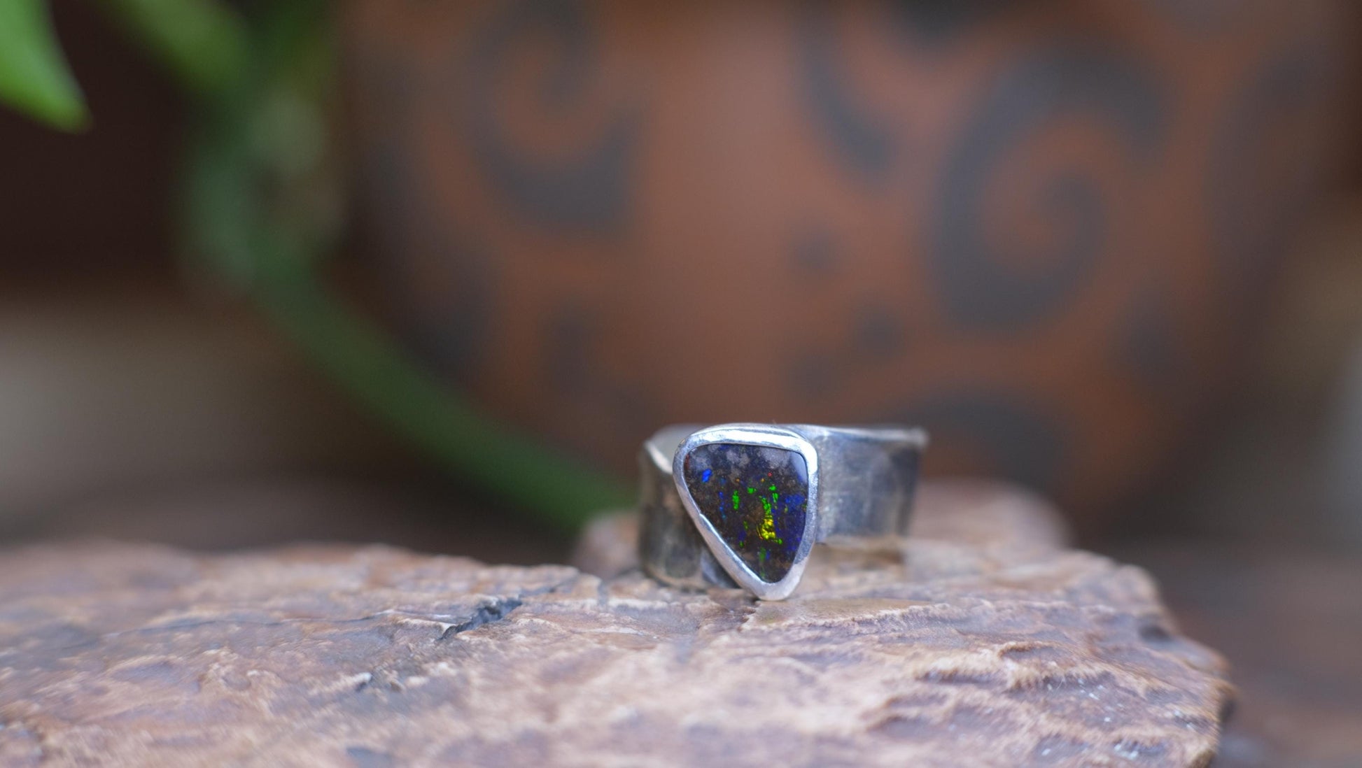 Dazzling Australian Boulder Opal on Asymetrical Sterling Silver RIng Size 10