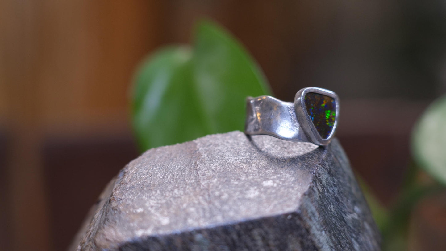 Dazzling Australian Boulder Opal on Asymetrical Sterling Silver RIng Size 10