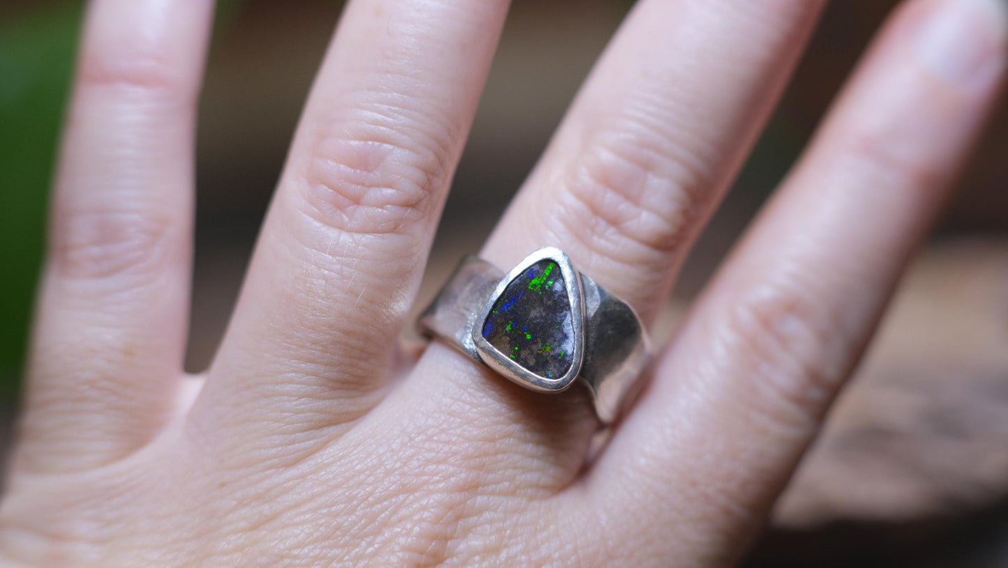 Dazzling Australian Boulder Opal on Asymetrical Sterling Silver RIng Size 10