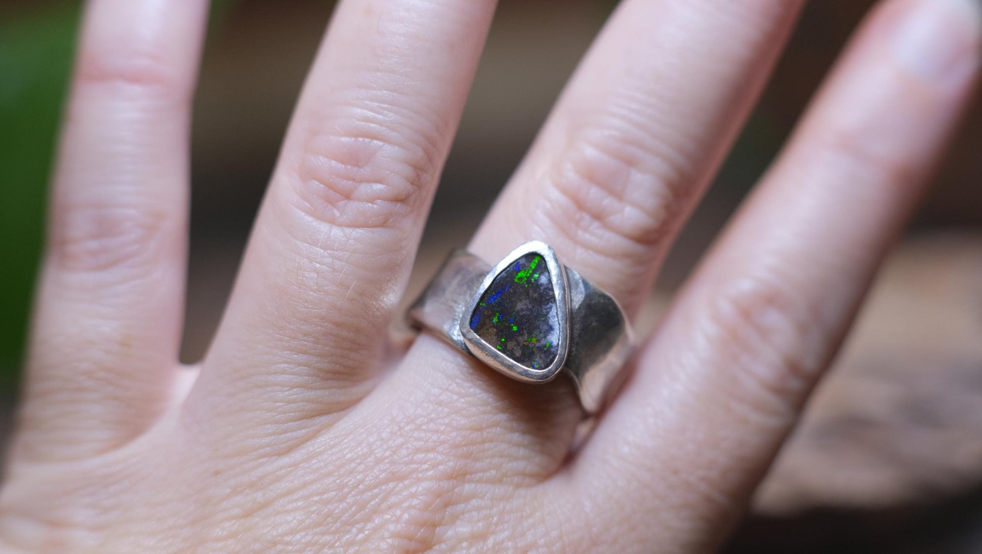 Dazzling Australian Boulder Opal on Asymetrical Sterling Silver RIng Size 10