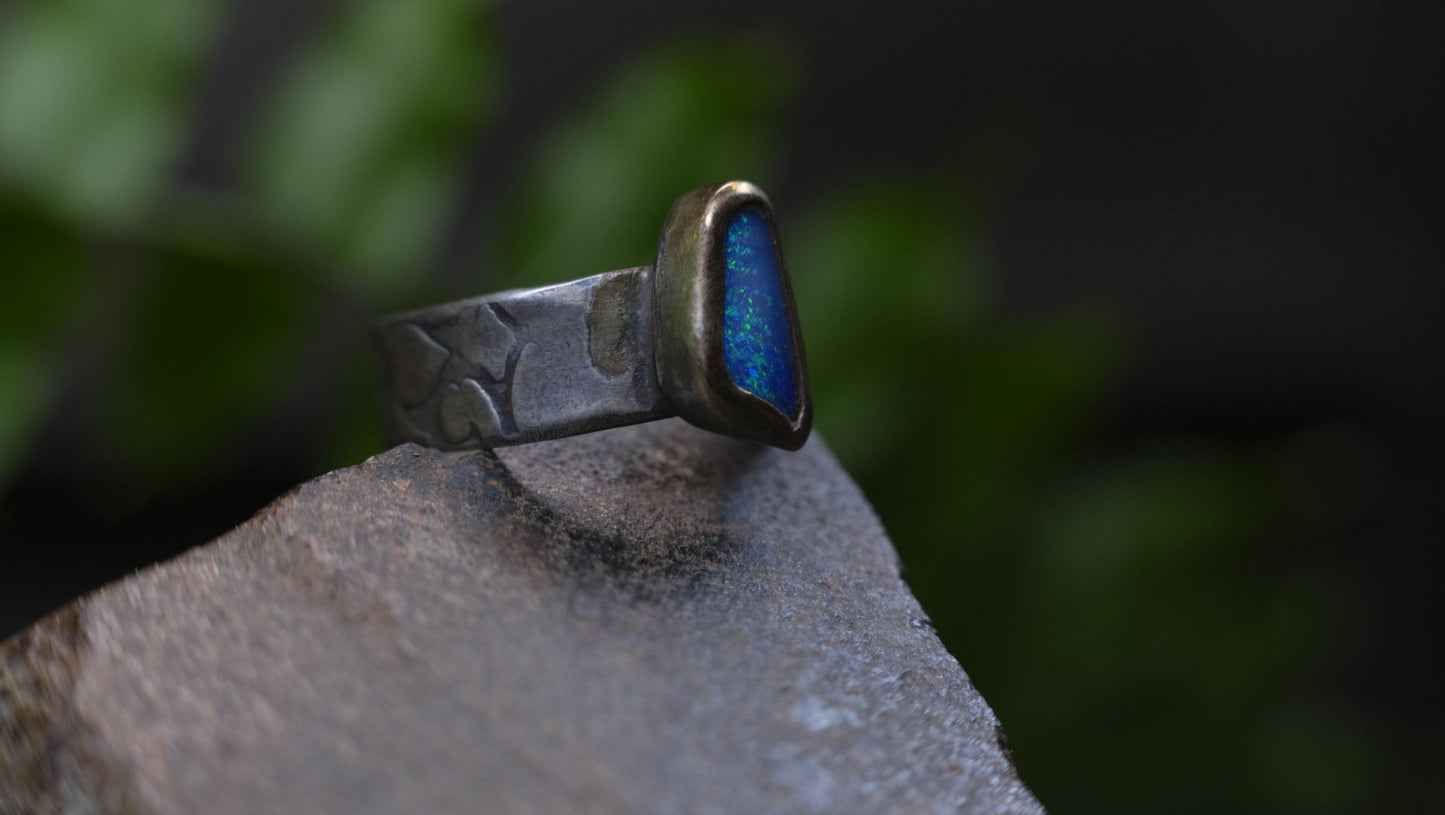 Bold Electric Blue Australian Opal Set in 9 ct Gold on a textured Sterling Silver Ring