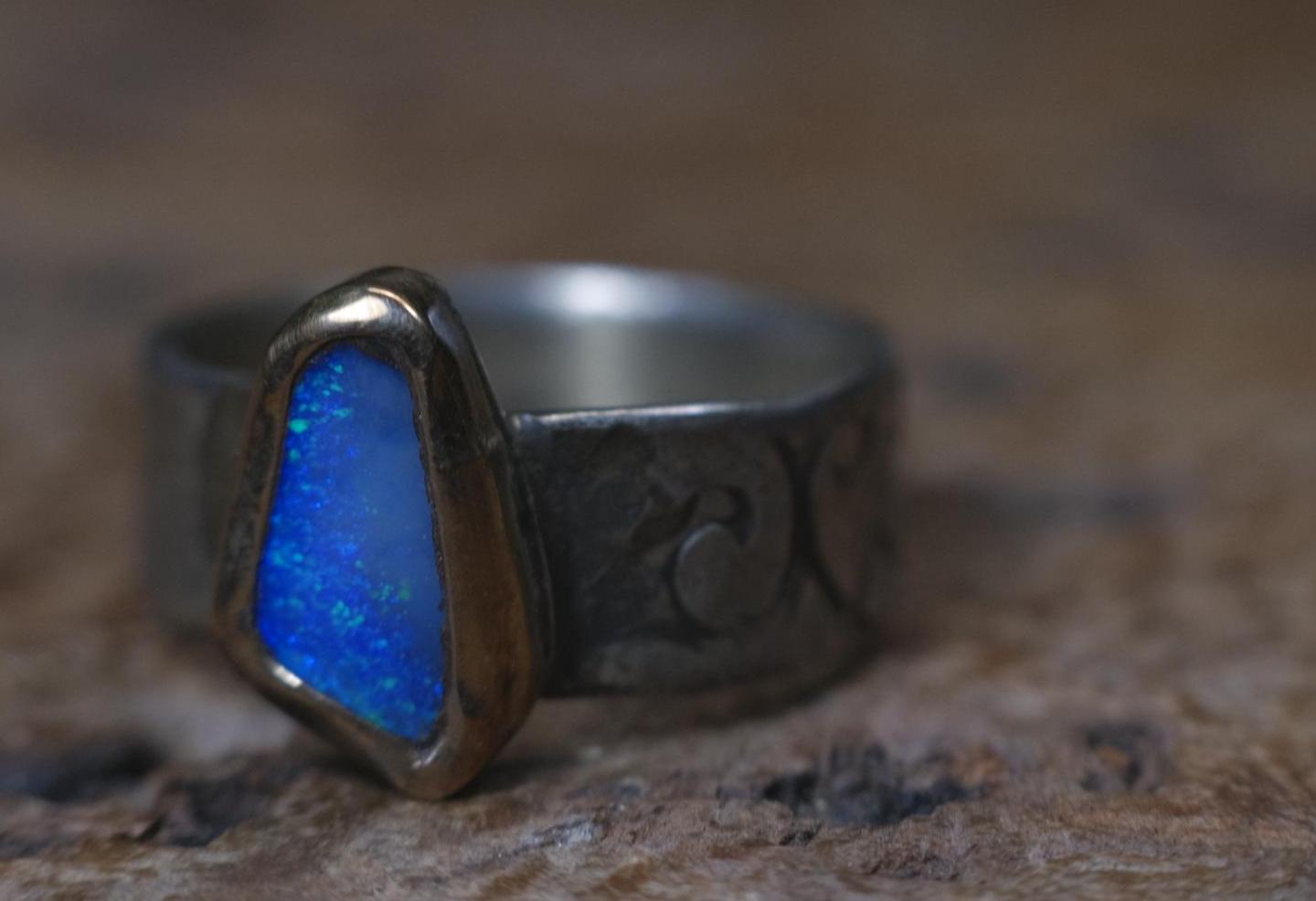 Bold Electric Blue Australian Opal Set in 9 ct Gold on a textured Sterling Silver Ring