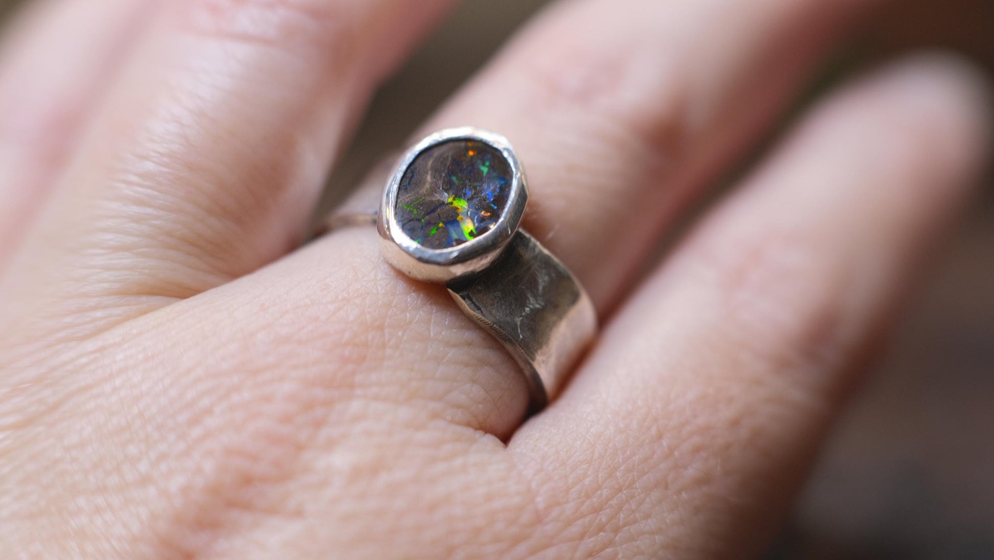 Rainbow Australian Boulder Opal on asymetrical Sterling Silver RIng Size 8.5