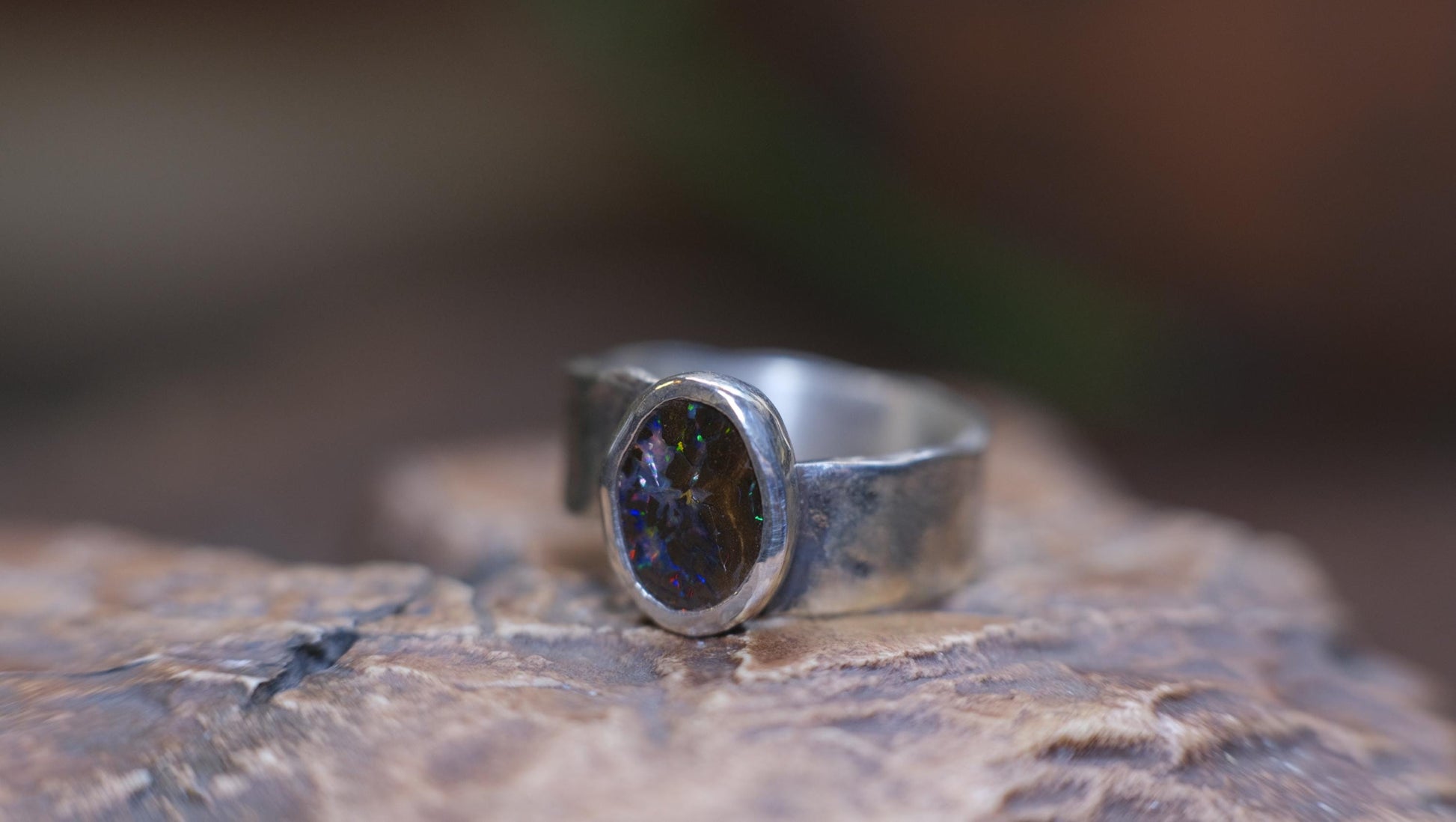 Rainbow Australian Boulder Opal on asymetrical Sterling Silver RIng Size 8.5