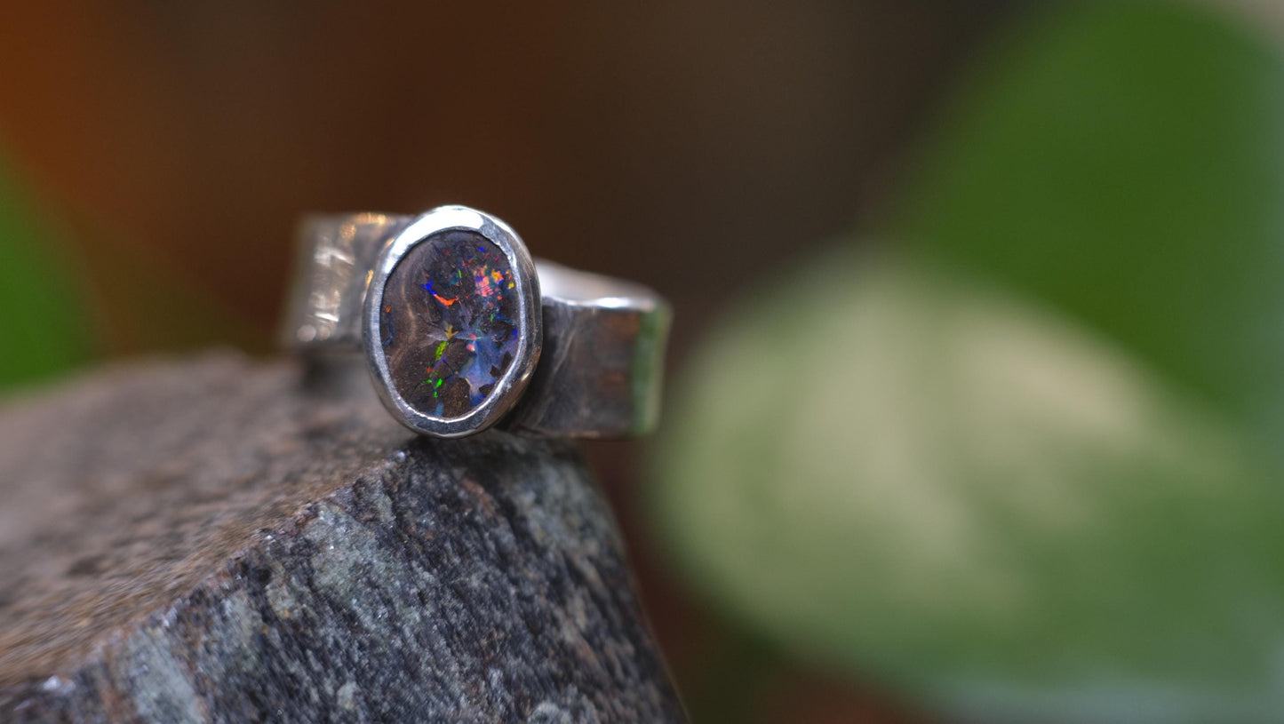 Rainbow Australian Boulder Opal on asymetrical Sterling Silver RIng Size 8.5
