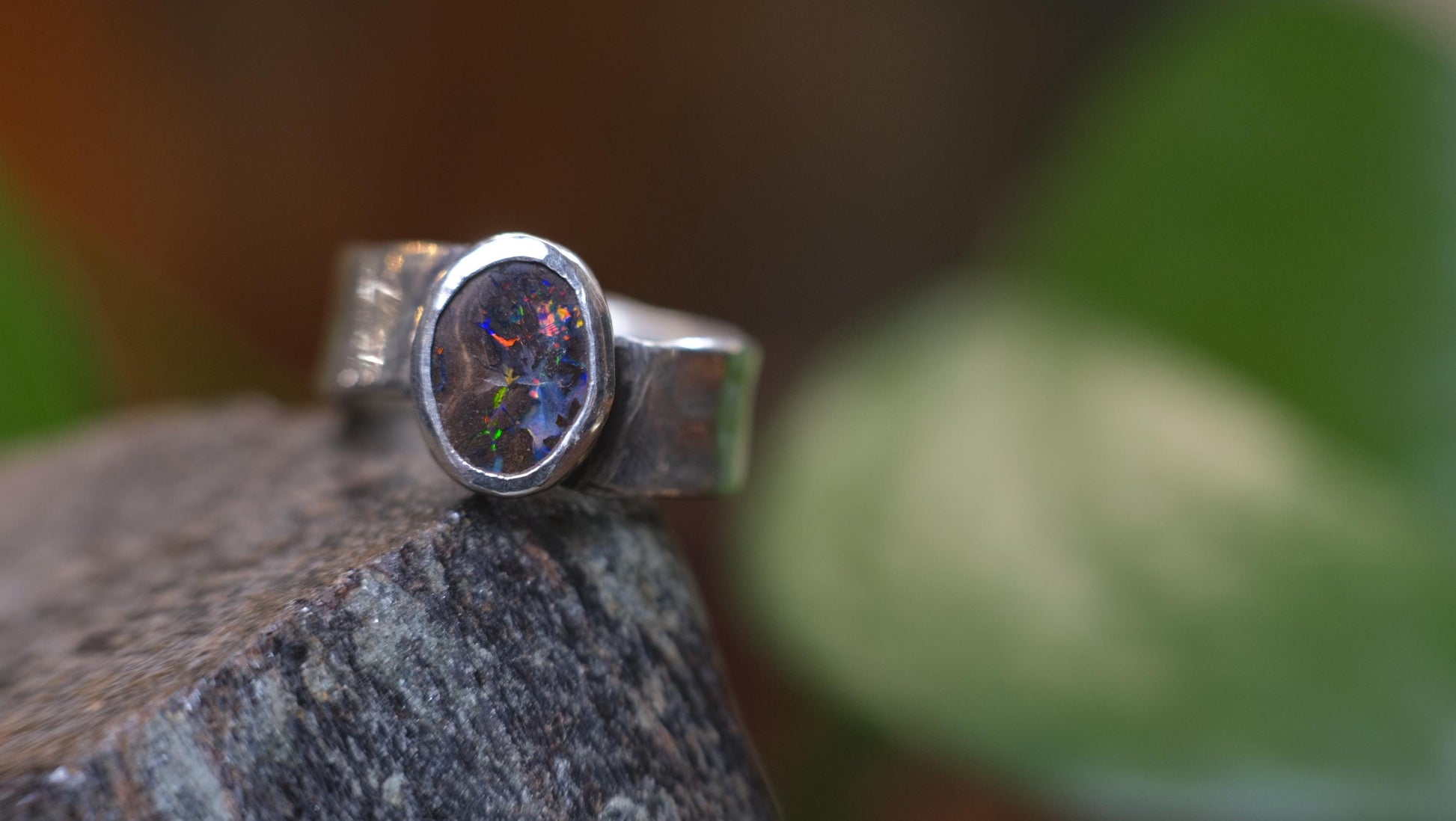 Rainbow Australian Boulder Opal on asymetrical Sterling Silver RIng Size 8.5