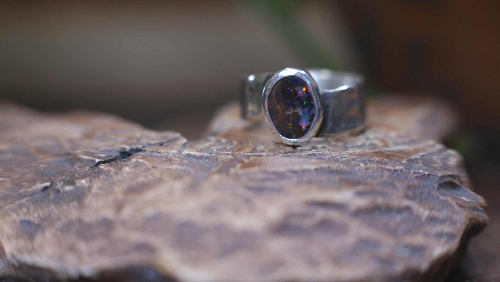 Rainbow Australian Boulder Opal on asymetrical Sterling Silver RIng Size 8.5