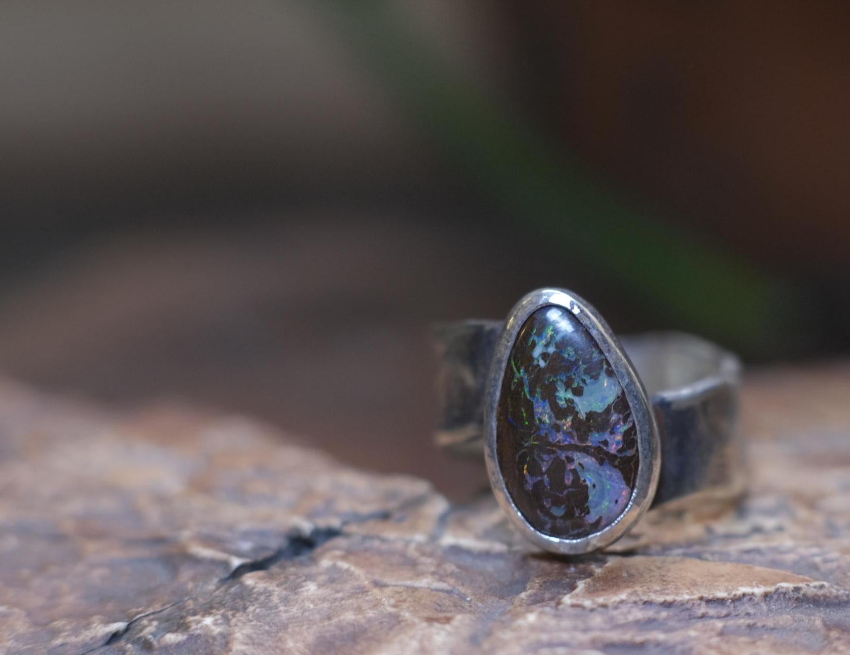 Beautiful Blue Green Australian Boulder Opal on asymetrical Sterling Silver Ring Size 8