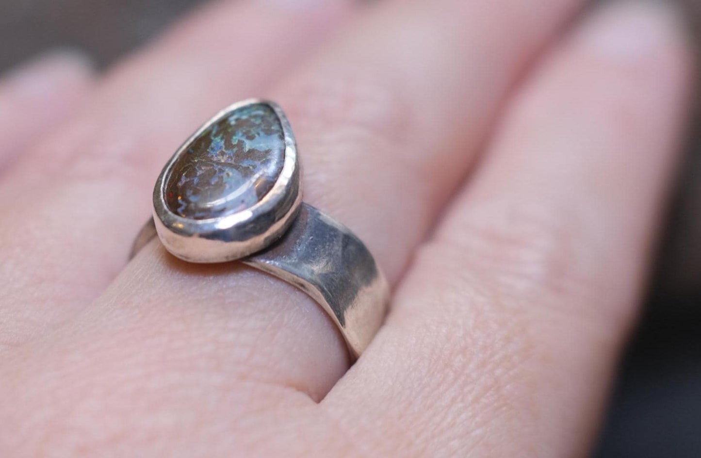 Beautiful Blue Green Australian Boulder Opal on asymetrical Sterling Silver Ring Size 8