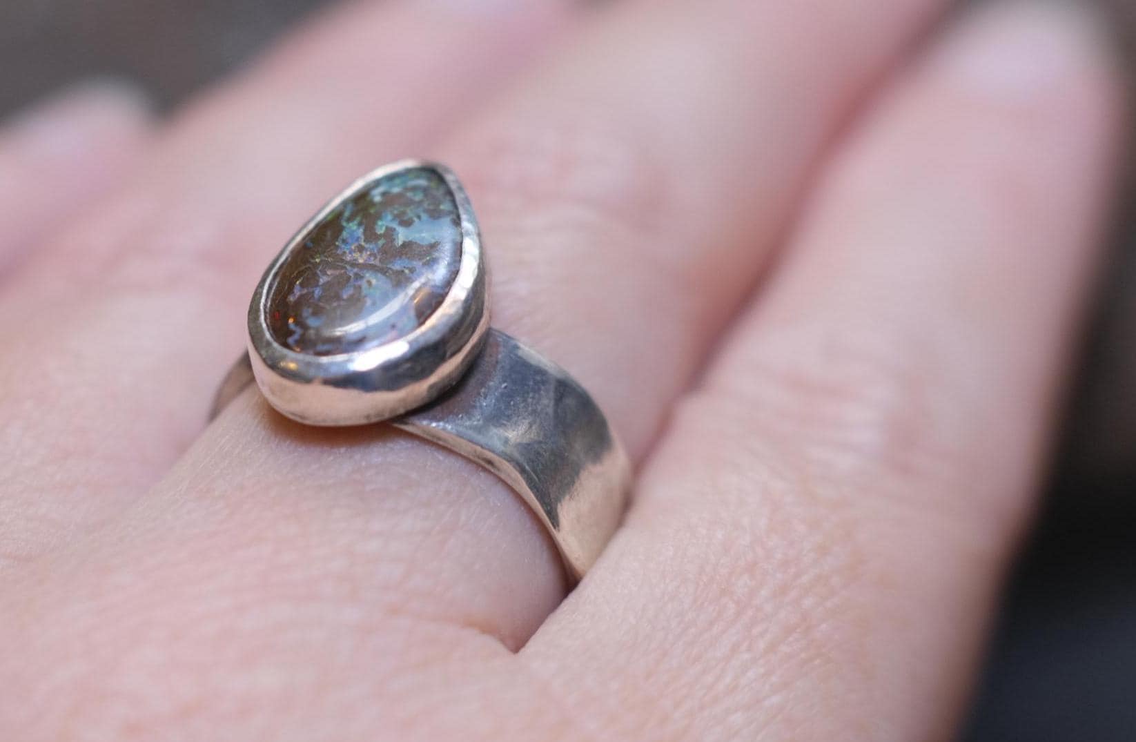 Beautiful Blue Green Australian Boulder Opal on asymetrical Sterling Silver Ring Size 8
