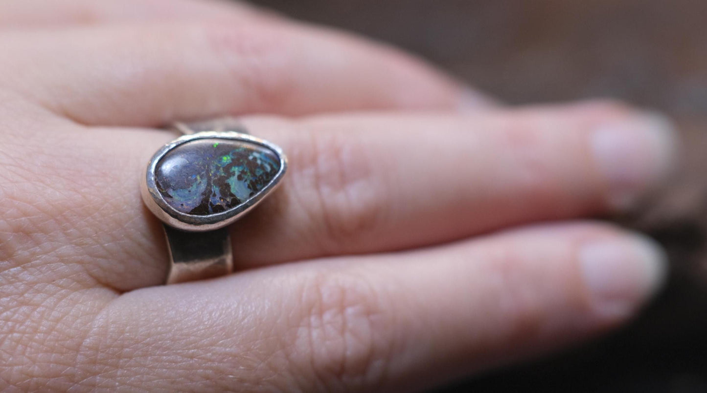Beautiful Blue Green Australian Boulder Opal on asymetrical Sterling Silver Ring Size 8