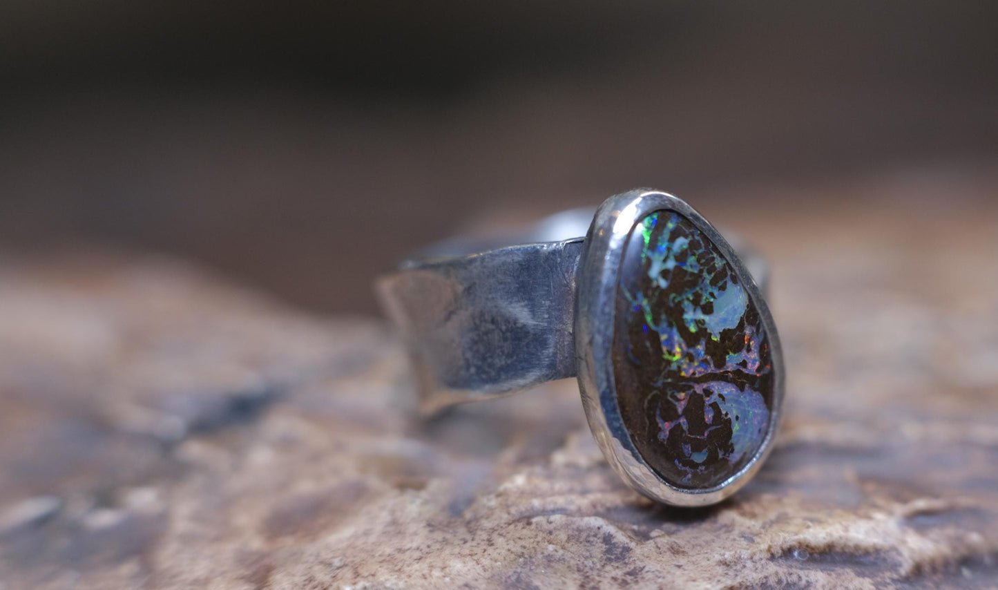 Beautiful Blue Green Australian Boulder Opal on asymetrical Sterling Silver Ring Size 8