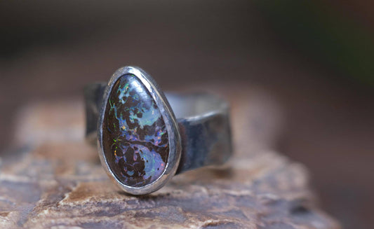 Beautiful Blue Green Australian Boulder Opal on asymetrical Sterling Silver Ring Size 8