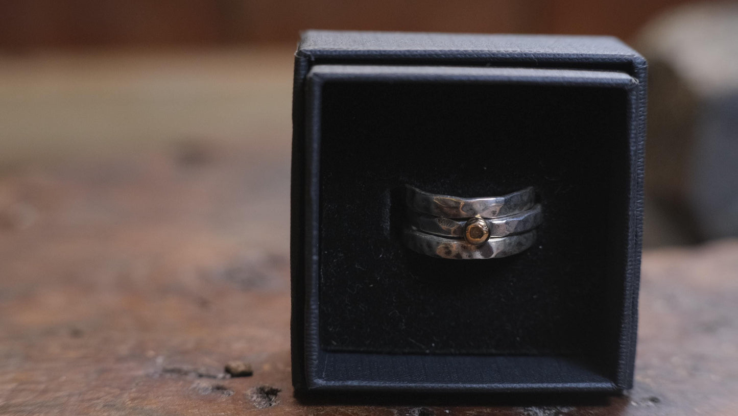 Handcrafted Hammered Sterling Silver Stacking Rings with 9ct Gold Detail Set of 3 made to size