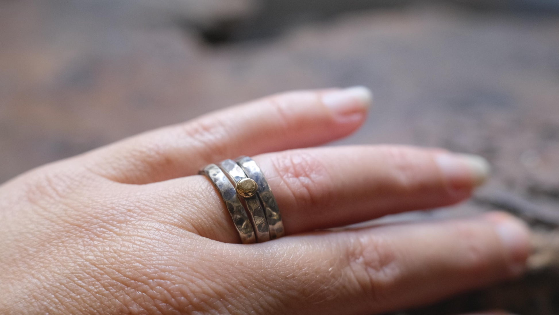 Handcrafted Hammered Sterling Silver Stacking Rings with 9ct Gold Detail Set of 3 made to size