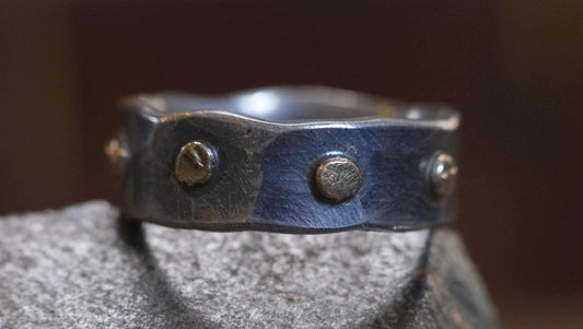 Chunky Hammered Sterling Silver Ring with 9ct Gold Detail Size 10.5