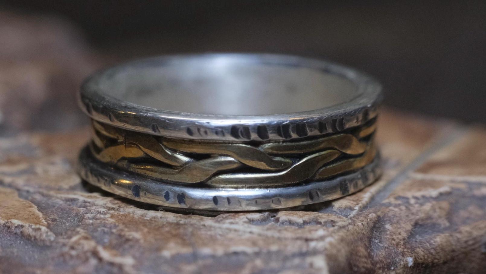 Braided 9ct Gold and Textured Sterling Silver Ring US 10.5