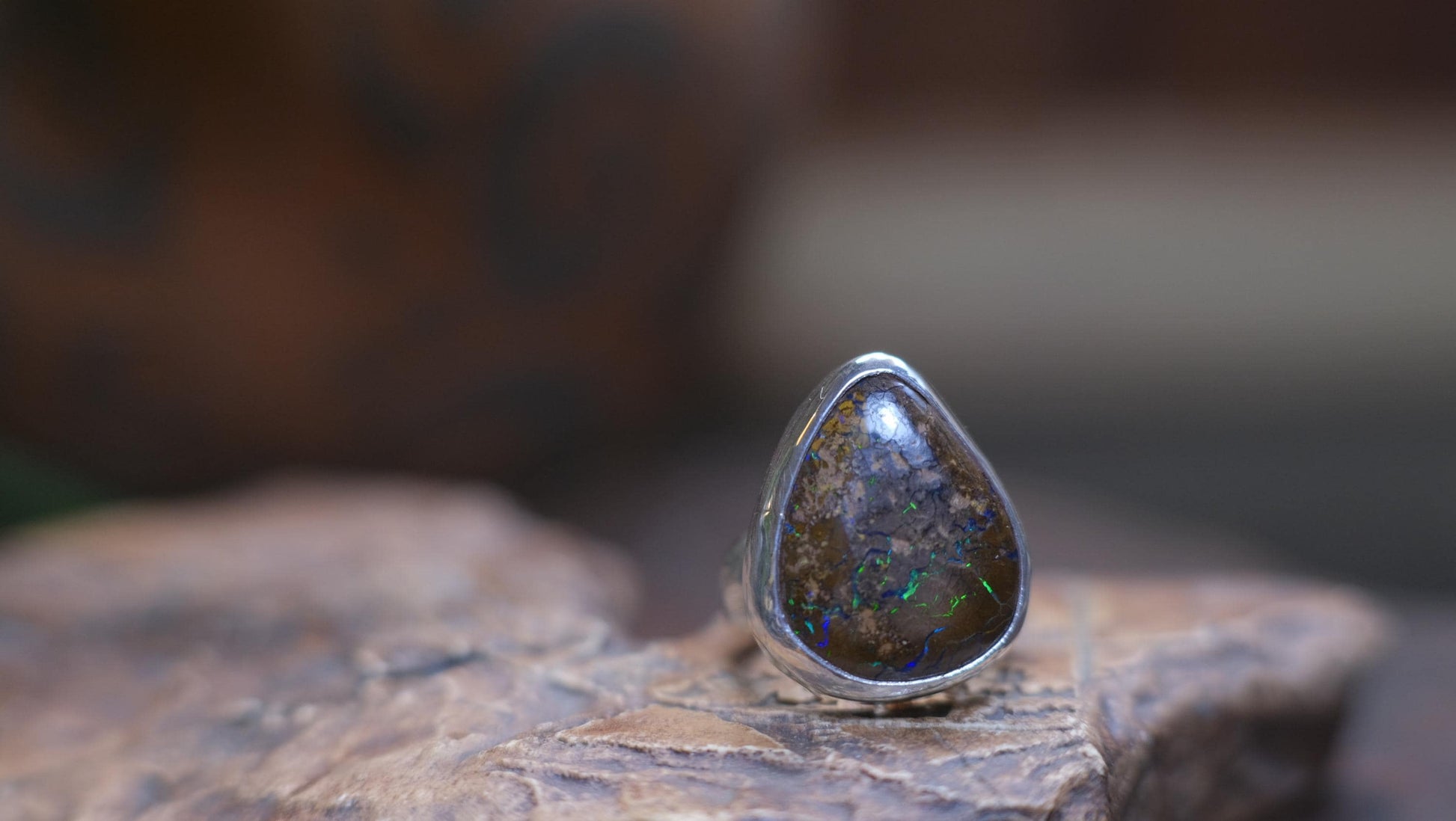Large Bubble Banded Matrix Australian Opal and Sterling Silver Ring