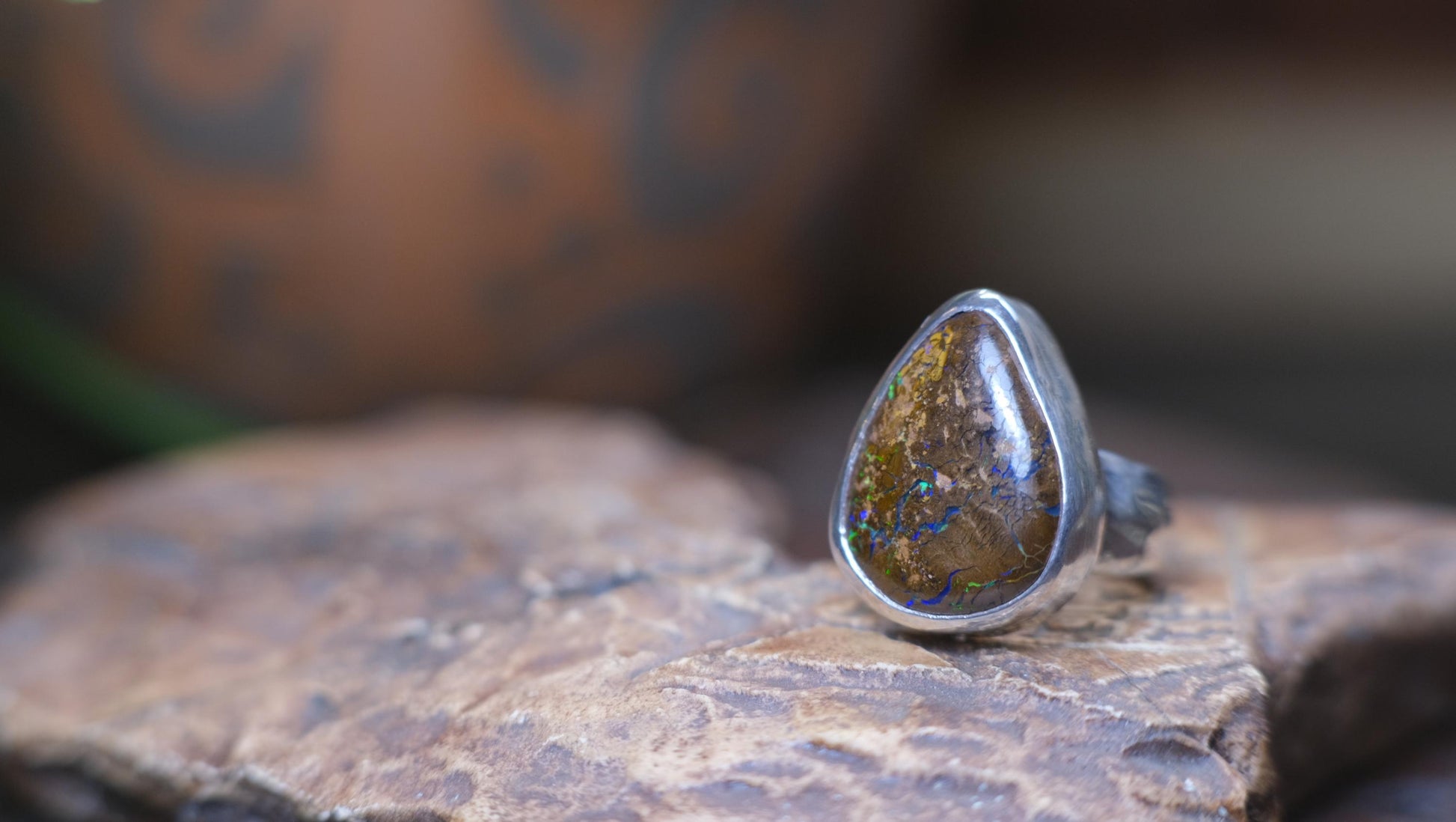 Large Bubble Banded Matrix Australian Opal and Sterling Silver Ring
